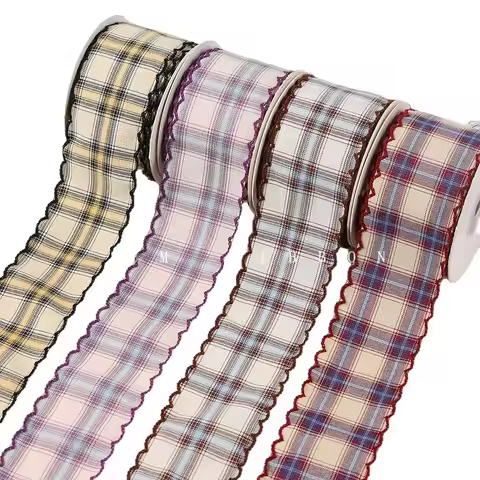 99Yards 45MM Wave Toothed Edge Grid Ribbon Handmade Bowknots Kids Accessories Material Big 45MM Wave