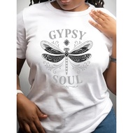 T-Shirt Corak Pepatung Kasual Wanita - Rekaan GYPSY SOUL, Gaya Artistik Hitam dan Putih, Atasan Lehe