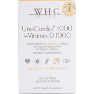 WHC UnoCardio Omega 3 Fish Oil + Vitamin D3 1000mg, 60 capsules, High Strength Omega 3 EPA DHA