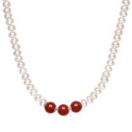 ZHOU LIU FU 周六福 สร้อยคอ S925 Sterling Silver Natural Freshwater Pearl Necklace Green Chalcedony Red 