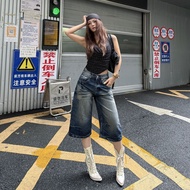 American Cat Whisker Folded Wide-Leg Machete Jeans Women's Cropped Pants Middle Pants Men Women Same