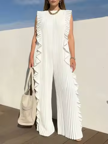 UOOZEE 2026 New Summer Women's Elegant Ruffled Trim Pleated Jumpsuits Loose Sleeveless Wide Leg Part