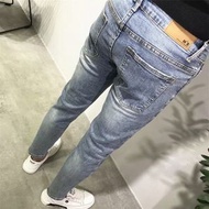 潮牌春秋季淺藍色百搭修身小脚九分牛仔褲韓版青少年男士休閒長褲-藍色 27