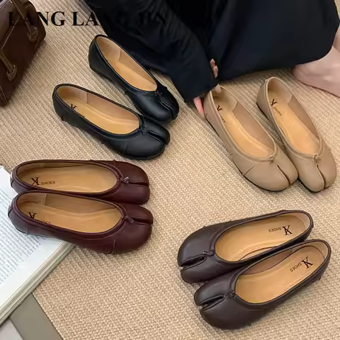 Spring Split Toe Women Ballet Flats Fashion Tabi Shoes Causal Slip On Loafer Ladies Pleated Leather 
