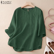 [ลดล้างสต๊อก] Esolo ZANZEA เสื้อคอกลมเสื้อเชิ้ตลำลองผ้าฝ้ายสีทึบสำหรับผู้หญิงใส่ในฤดูร้อนเสื้อยืด Baju Atasan Pantai แขนสั้นแข็ง #24-4