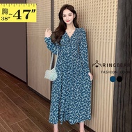 Fresh Elegant Chest Pleated Buttoned Waist Elastic Floral V-Neck Long-Sleeved Dress (Black.blue XL-3