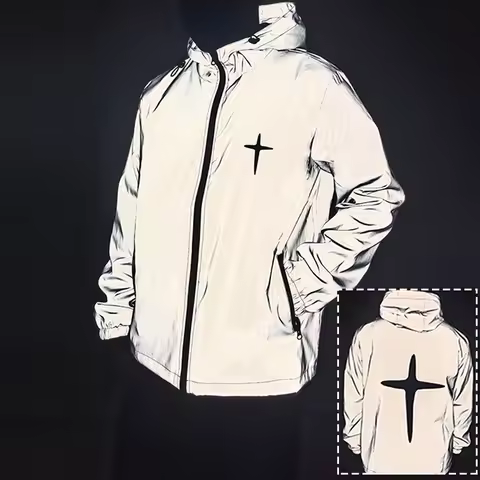 Men's Night Reflective Jacket Fashion Cross Printed Windproof Hooded Coats Streetwear Outdoor Cyclin