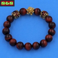 Black and red tiger face stone bracelet with stainless steel lotus charm, lotus charm bracelet