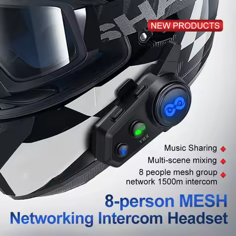 Motorcycle Helmet Bluetooth Headset 8 Rider 1500m Intercom Waterproof Noise Cancellation AI Voice HD