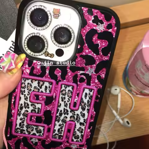 Ins Korean High End Spicy Girl Pink Leopard Print Letters Phone Case For iPhone 16 15 14 13 12 11 Pr
