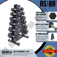 105KG - 225KG Premium 6 Pairs Hexagon Dumbell Set with 6-Tier Vertical A Frame Dumbbell Storage Rack