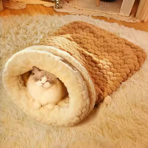Upgraded Enclosed Cat Bed: Winter Snuggle Sack with Burrow Entry & Security Hood - Bunny-Soft Plush 