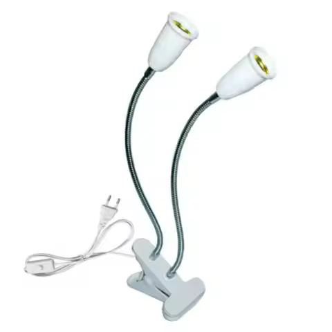 2 Head EU Plug 360 Degree Flexible Desk Lamps Holder E27 Base Lights Socket Gooseneck Home Plant Cli