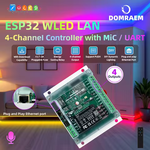DOMRAEM 4CH ESP32 Ethernet DIN Rail WLED Controller 30A 4x7.5A Fuse WiFi Music Sync DC5-24V Addressa