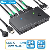 Navceker Thunderbolt 3 USB C HDMI KVM Switch 4K 60Hz Type C USB KVM Switcher 87W PD Charge For 2 Computer Macbook 1 HDMI Monitor