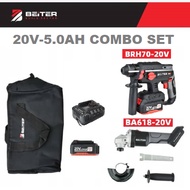 BEITER 20V-5.0AH Brushless Cordless Combo Rotary Hammer & Angle Grinder - BRH70-20V & BA618-20V Hamm