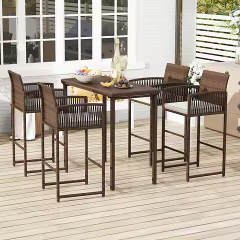 Patio Bar Stools Set of 2 PE Rattan Bar Height Chairs w/ Backrests & Armrests