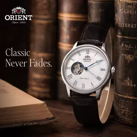 Orient Men Open Heart Skeleton Automatic Mechanical Watch Roman Numerals Leather Strap Business Wris