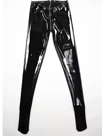 S-3XL Wet Look PVC Pants Shiny PU Leather Zipper Open Crotch Legging Pantyhose Tight Stage Performan