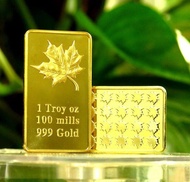 1 oz Maple Leaf 100 Mills .999 Fine Gold Plated Bar 1oz