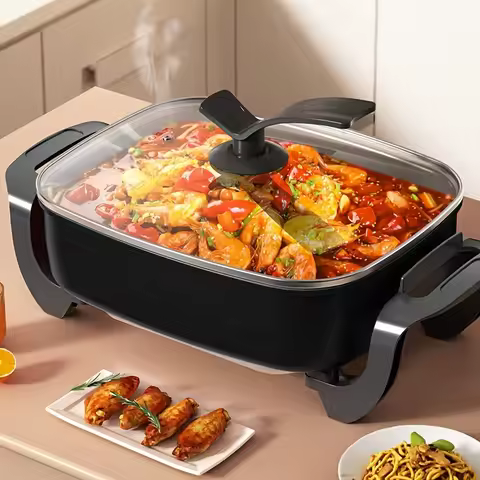 1pc 12x12 Inch Non-Stick Ceramic Electric Pot with Glass Lid, Aluminum Body, 1500W Adjustable Temper