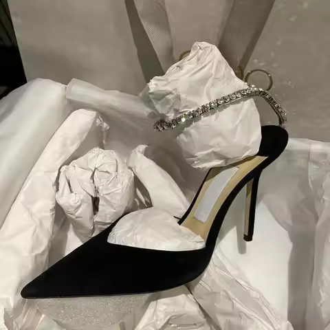 2025 New Velvet Pointed Toe Slip-On Women's Sandals Black Rhinestone Chain JC High Heels Thin Heel B