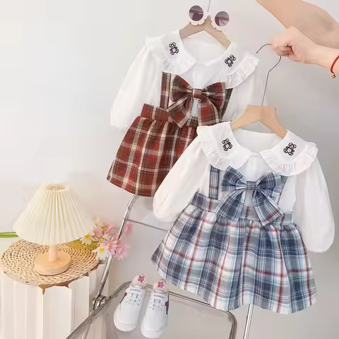Spring And Autumn New Baby Girl Dress Sweet Strap Style Bow Grid Academy Style Children'S Clothing (