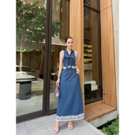 ALC026 ALICIA BRAND 2-Piece Denim Dress V-Neck Sleeveless Shirt Matching Long Skirt [2PM]