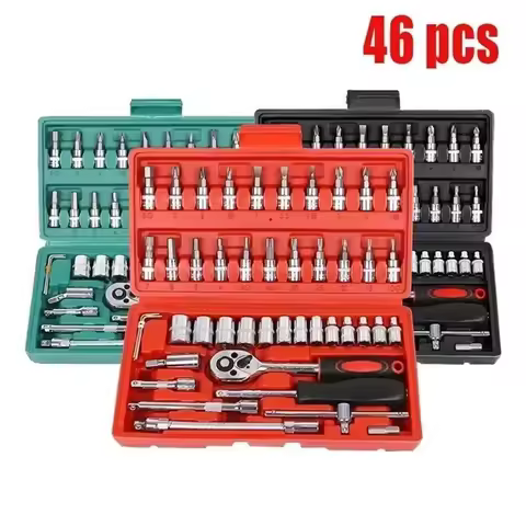 46PCS Motorcycle Toolbox Set Drive Socket Ratchet Wrench Set Complete Car Repairing Kit For Auto And