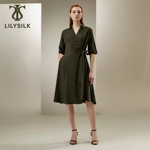 LILYSILK Women's Front Tie Wrap Dress Ladies V-neck and Relaxed Half-sleeves Dress with Umbrella Hem