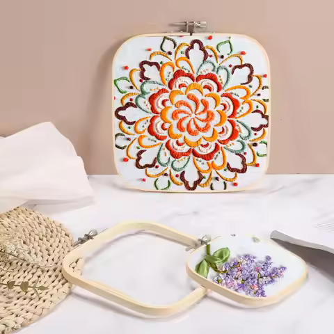 7.9" x 7.9" Square Embroidery Hoops Adjustable Bamboo Cross Stitch Hoop Ring Embroidery Frame Punch 