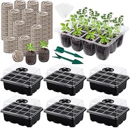 6 Pack 12-Cells Seed Starter Tray Kit with Humidity Dome and Base, Greenhouse Germination Tray Inclu