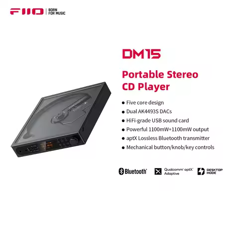 FiiO DM15 R2R/DM15 AKM Portable Stereo CD Player, High-Power Output, USB/CD HiFi Audio, HD Display
