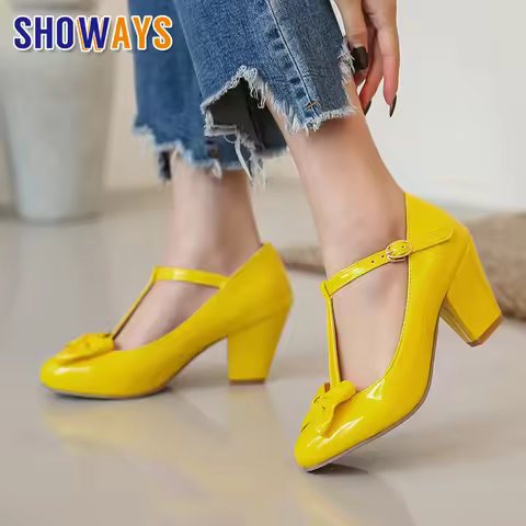 Yellow Bowknot Women's Mary Janes 7cm High Chunky Heels Pumps Pink Black Casual Office Lady Round To