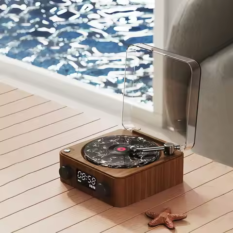 Modern Waves Vinyl Player Bluetooth Speaker With Time Display Retro Turntable Speaker Sleep Aid Vitr