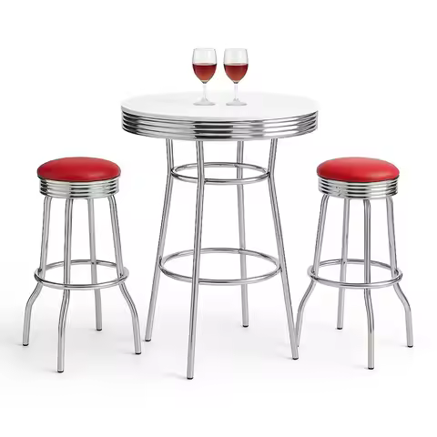 Retro Chrome 3Piece Pub Bar Set, White Round Table with Red Leatherette Swivel Stools, 30 Inch Diame