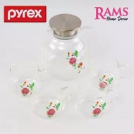 Pyrex 5 Pcs Carafe Glass Tea and Coffee Cup Set / Tea Set / Drinkware Set - Country Rose / Sakura