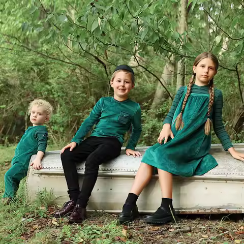 AA-Velour and Striped Layered Set Kids Clothes Sibling Matching Girl Dress Boys Top Baby Romper V Ne