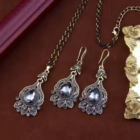 Sunspicems Retro Vintage Turkish Women Pendant Necklace Drop Earring Gray Crystal Bohemia Jewelry Se