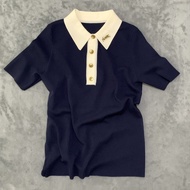 YSL 2024 Summer New Style Short-sleeved Versatile POLO Collar Sweater Small Fragrance Contrasting Color T-shirt Slim Top