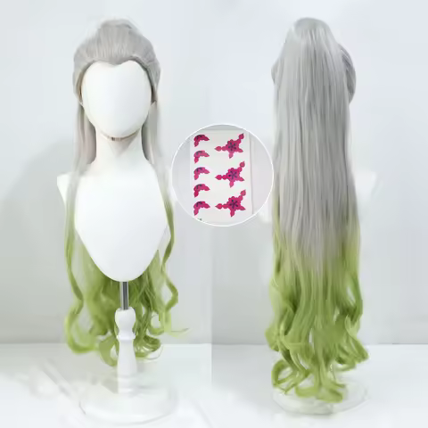 Anime Daki Cosplay Wig Silver Green Dyeing Ponytail Clip For Women Cosplay Anime Wig Heat Resistant 