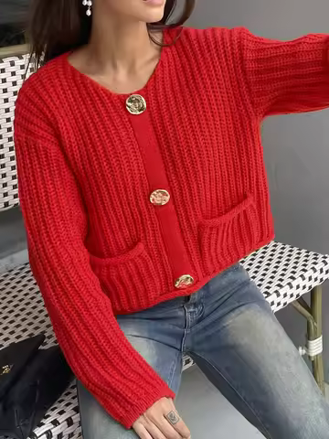 Women's Red Rib Knit Cardigan Oversized Big Button Pocket Casual Sweater