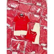 AYA II Kids Red Polo Shirt Top 2PC w/ Pants | Striped Collar Short Sleeve Collared Tee - VN A686