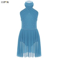Kids Girl Gymnastics Leotard Dress Rhinestones Sleeveless Ballet Tutu Dress Ballroom Figure Ice Skat