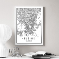 Perilla-Black And White Helsinki City แผนที่ภาพจิตรกรรมฝาผนัง Oil Painting Canvas รพิมพ์ Travel Prin
