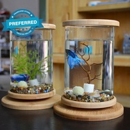 Mini Glass Aquarium Fish Tank Fish Bowl Bamboo Base Decor Table Accessories E1Z2