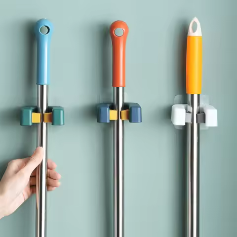 1pc Wall Mounted Mop Broom Holder Adhesive Multi-Purpose Hooks Broom Hanger Kitchen Bathroom Accesso