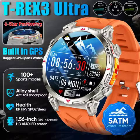 2025New T-Rex3 Military GPS SmartWatch Men 1.56" AMOLED Screen Built-in GPS 5ATM Waterproof Voice Ca