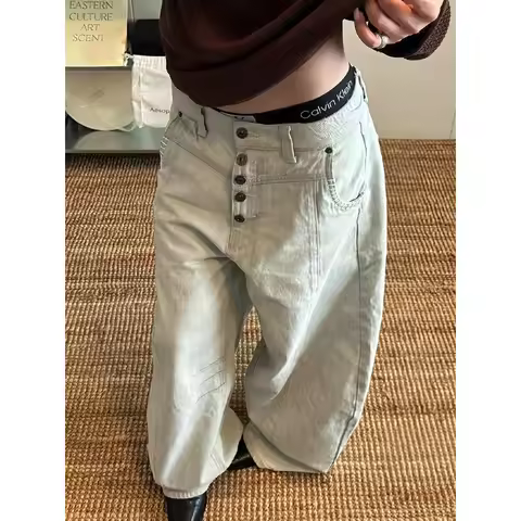 Women's Blue Baggy Y2k Boyfriend Jeans Vintage Grunge Emo Wide Jean Pants Harajuku Oversize Denim Tr