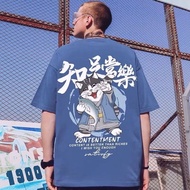 【 M-8XL 】Cartoon Cat Catching Fish Printed Short Sleeved T-shirt for Men's Trendy Chinese Character 